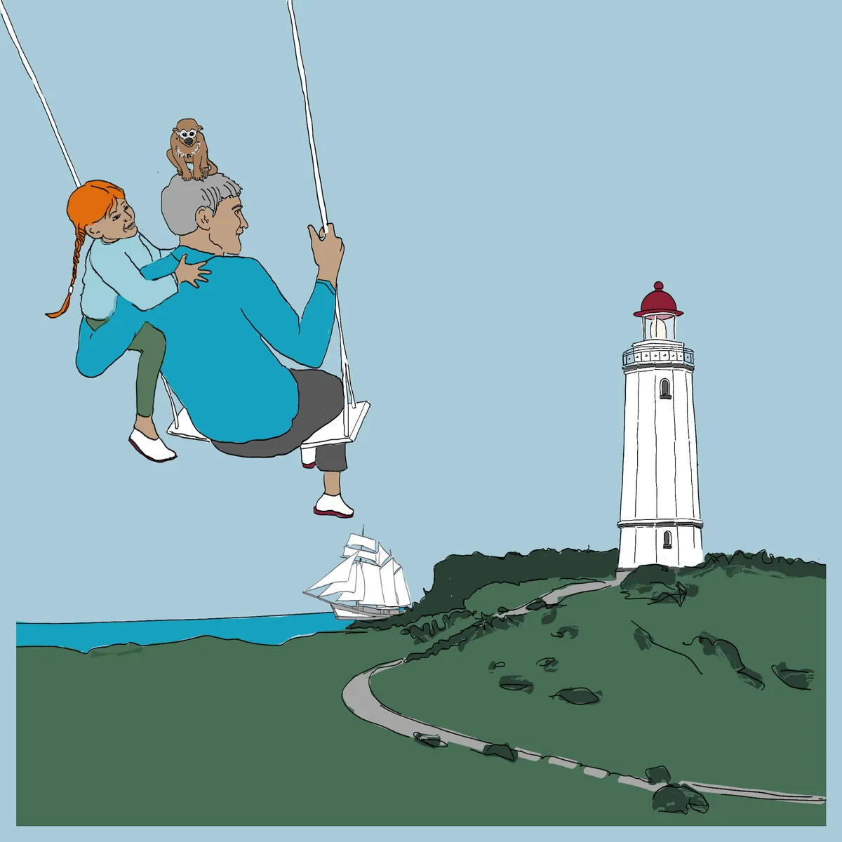 Zwei Menschen auf einer Schaukel, im Hintergrund ein Leuchtturm