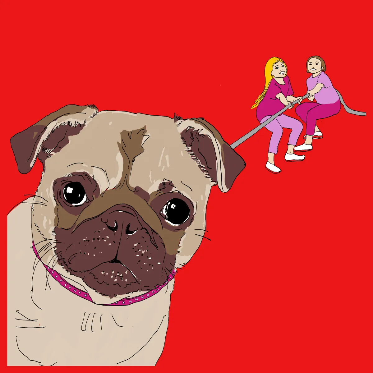 Ein Mops und zwei Kinder beim Tauziehen